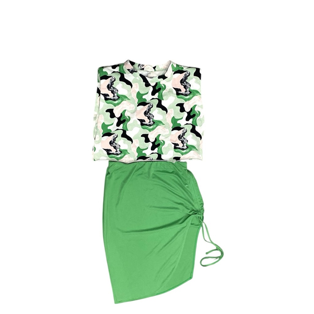 OPEN EDIT Womans Asymmetrical Green Camouflage Top & Skirt 2 Piece. Medium